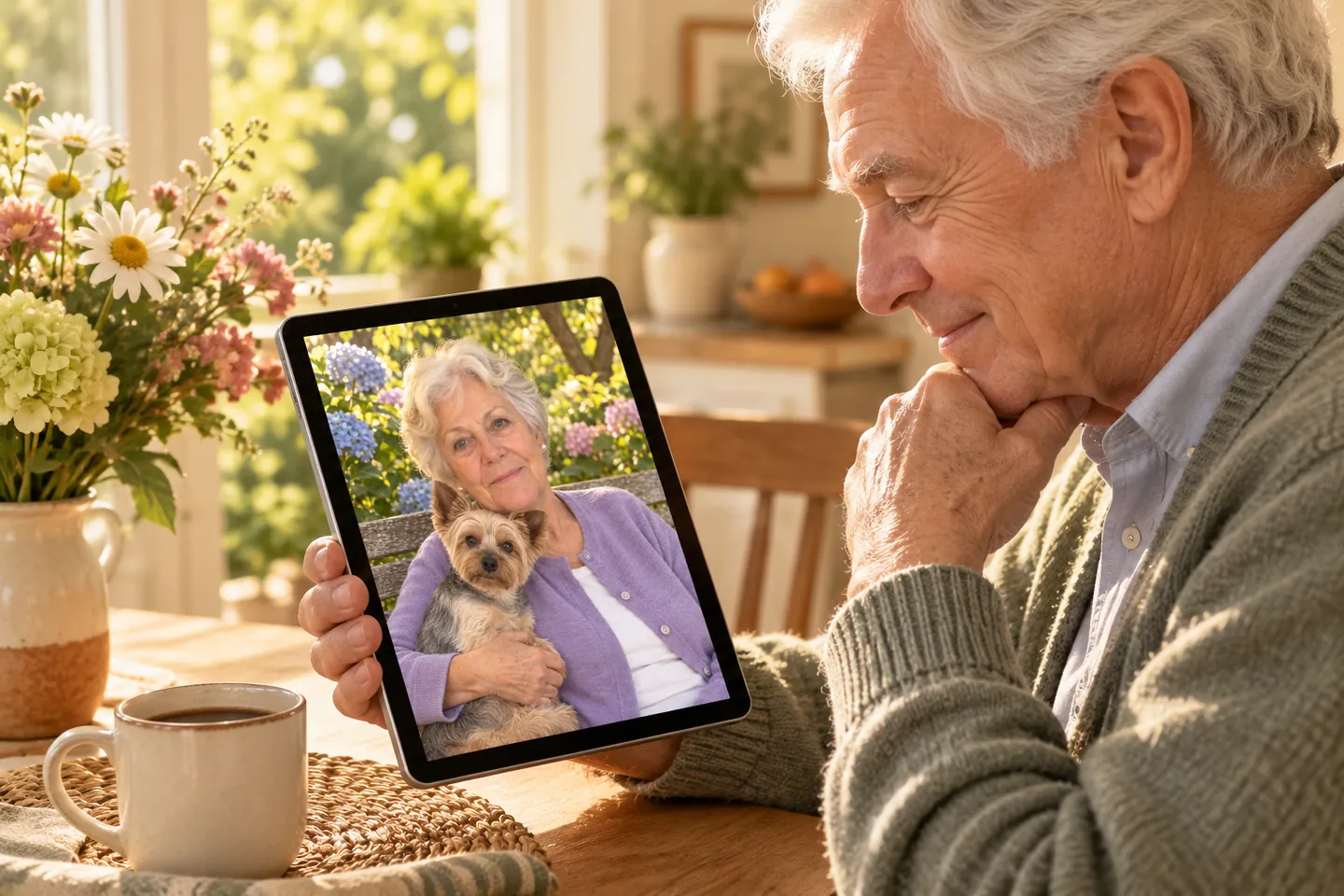 An older man smiling at a portrait of his wife and their dog on a tablet