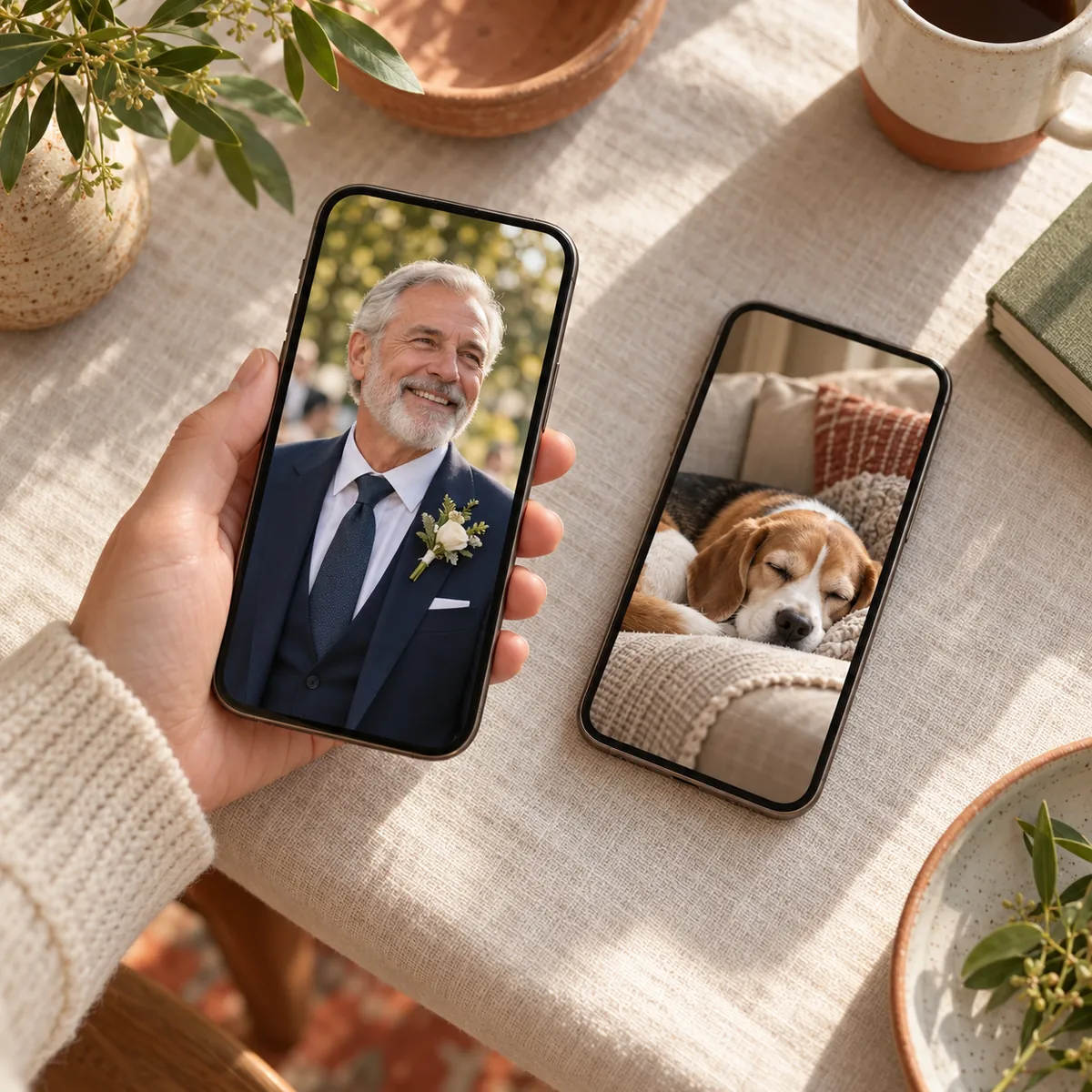 A wedding photo of a man and a couch photo of his beagle, ready to upload