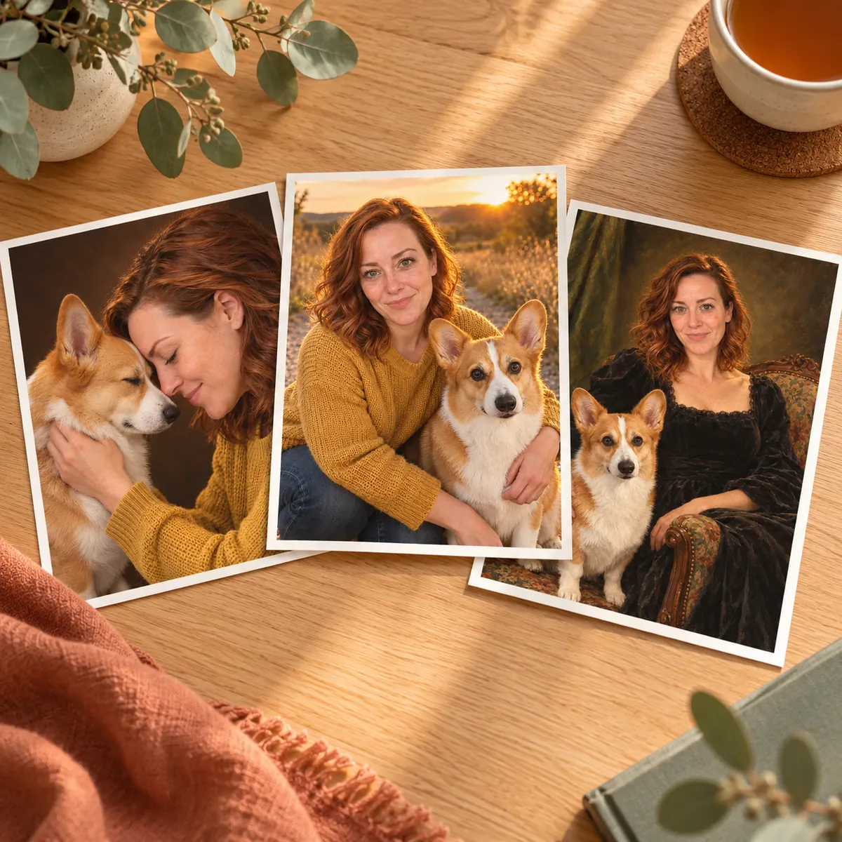 Three portrait looks of the same woman and her corgi laid side by side