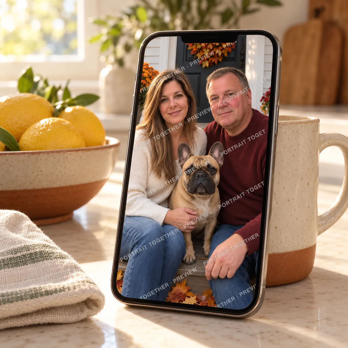 A finished portrait of a couple and their dog on a phone screen, with a light watermark