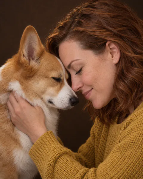Forehead to Forehead: a woman resting her forehead against her corgi's