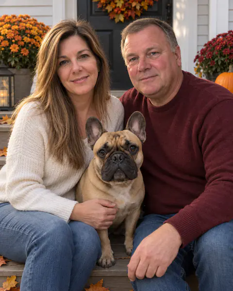 Front Porch: a couple with their French bulldog on the front steps in autumn