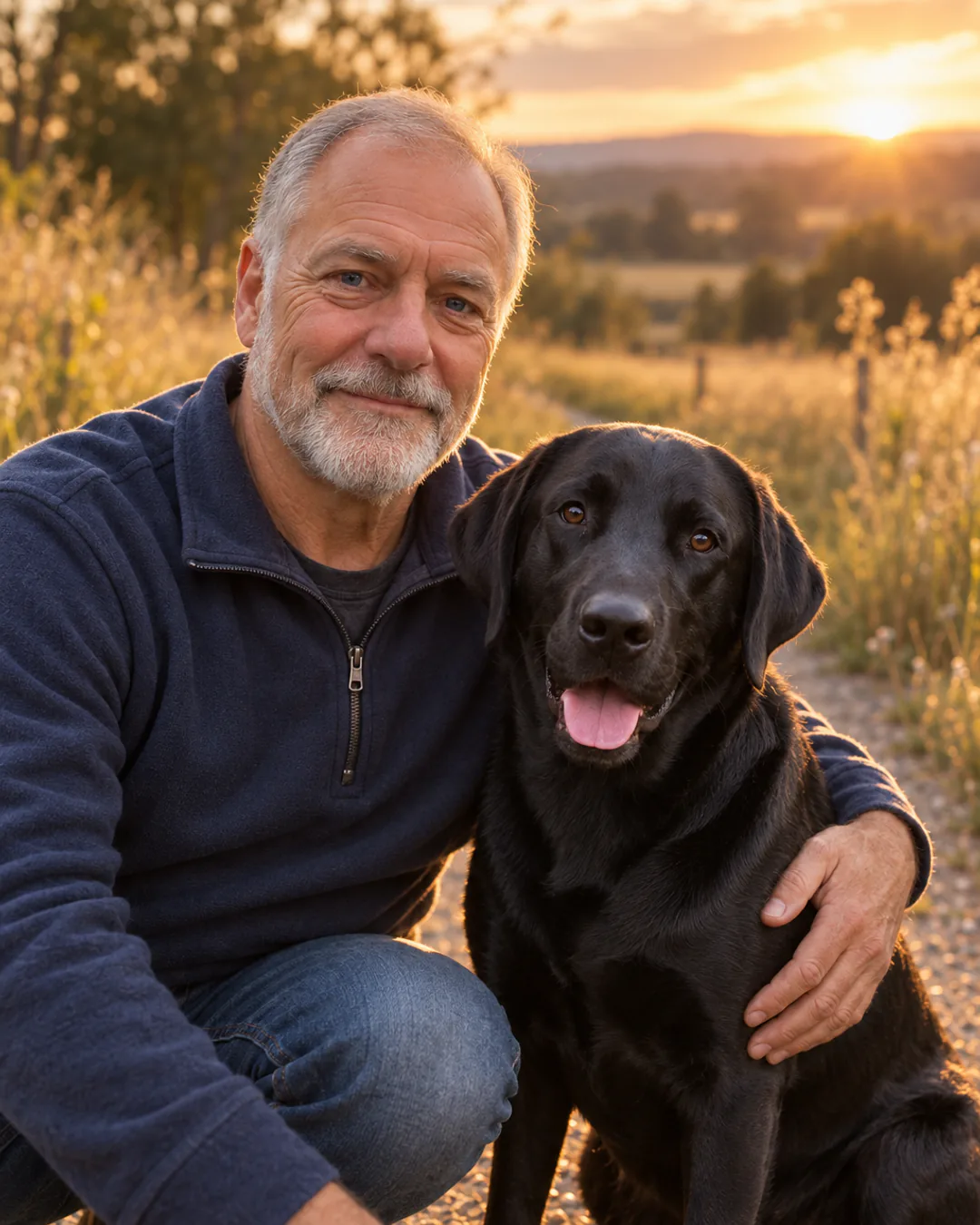 Custom pet portrait of a man and his black Lab on a country path at sunset, made from two separate photos