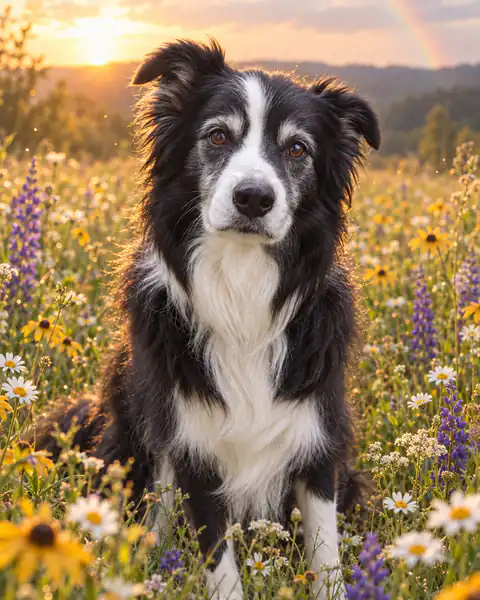 Rainbow Meadow: a senior border collie in a wildflower meadow under a faint rainbow