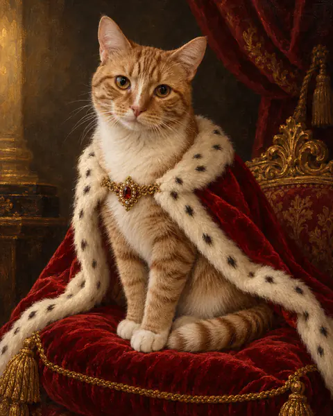 The Royal: an orange tabby cat in an ermine-trimmed royal robe