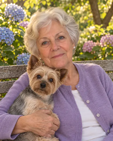 Together Again: a woman in her 70s holding her Yorkshire terrier in a garden