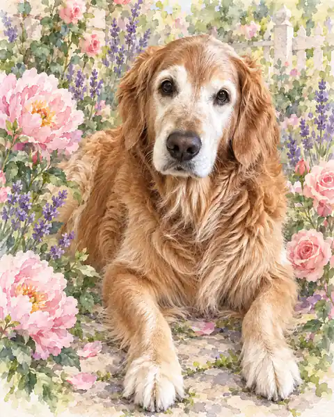 Watercolor Garden: a senior golden retriever among watercolor peonies