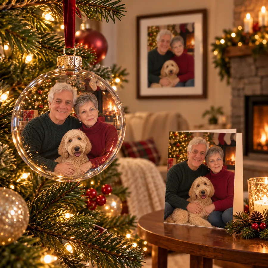 One Christmas pet portrait three ways: a glass ornament on the tree, a holiday card, and a framed print on the wall