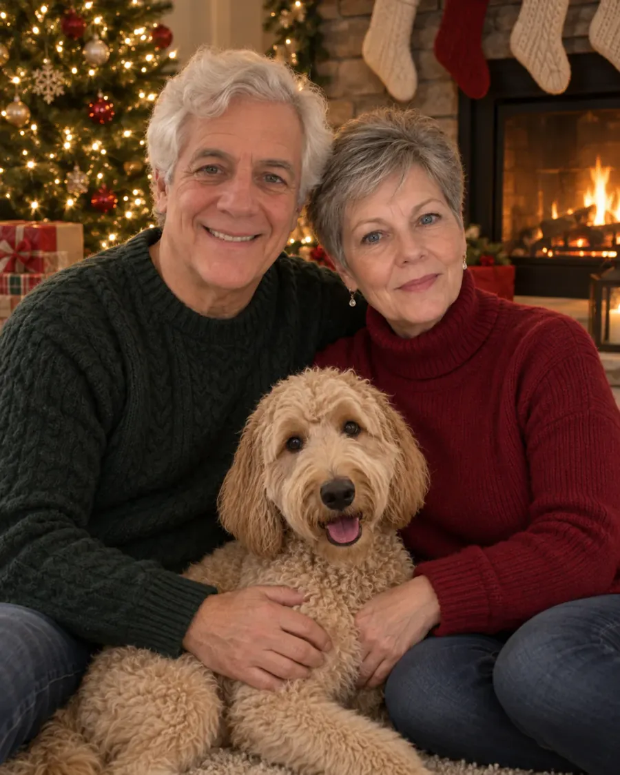 Fireside Christmas pet portrait of a couple in their 60s with their goldendoodle by the fire