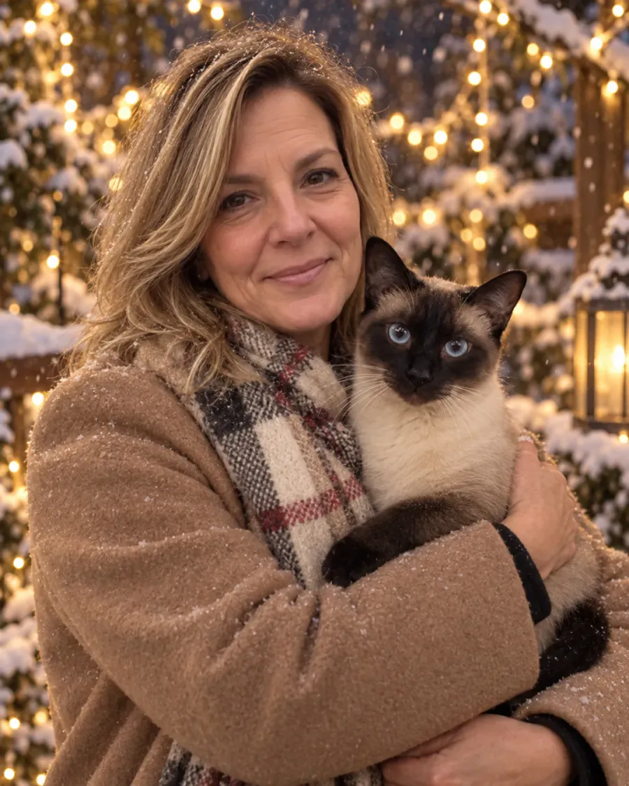 Twinkle Lights Christmas pet portrait of a woman holding her Siamese cat among soft lights