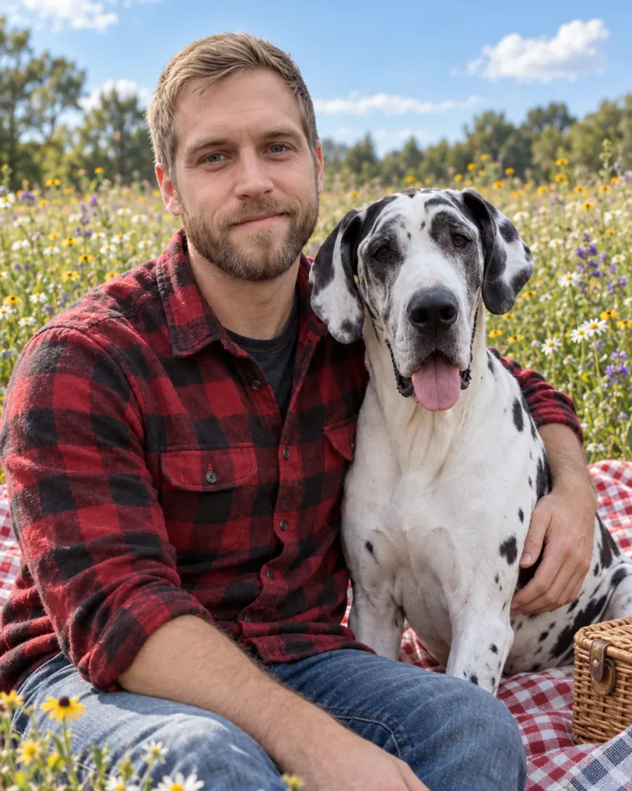 A photo of a man and a photo of his Great Dane, turned into one pet and owner portrait of them in a wildflower field
