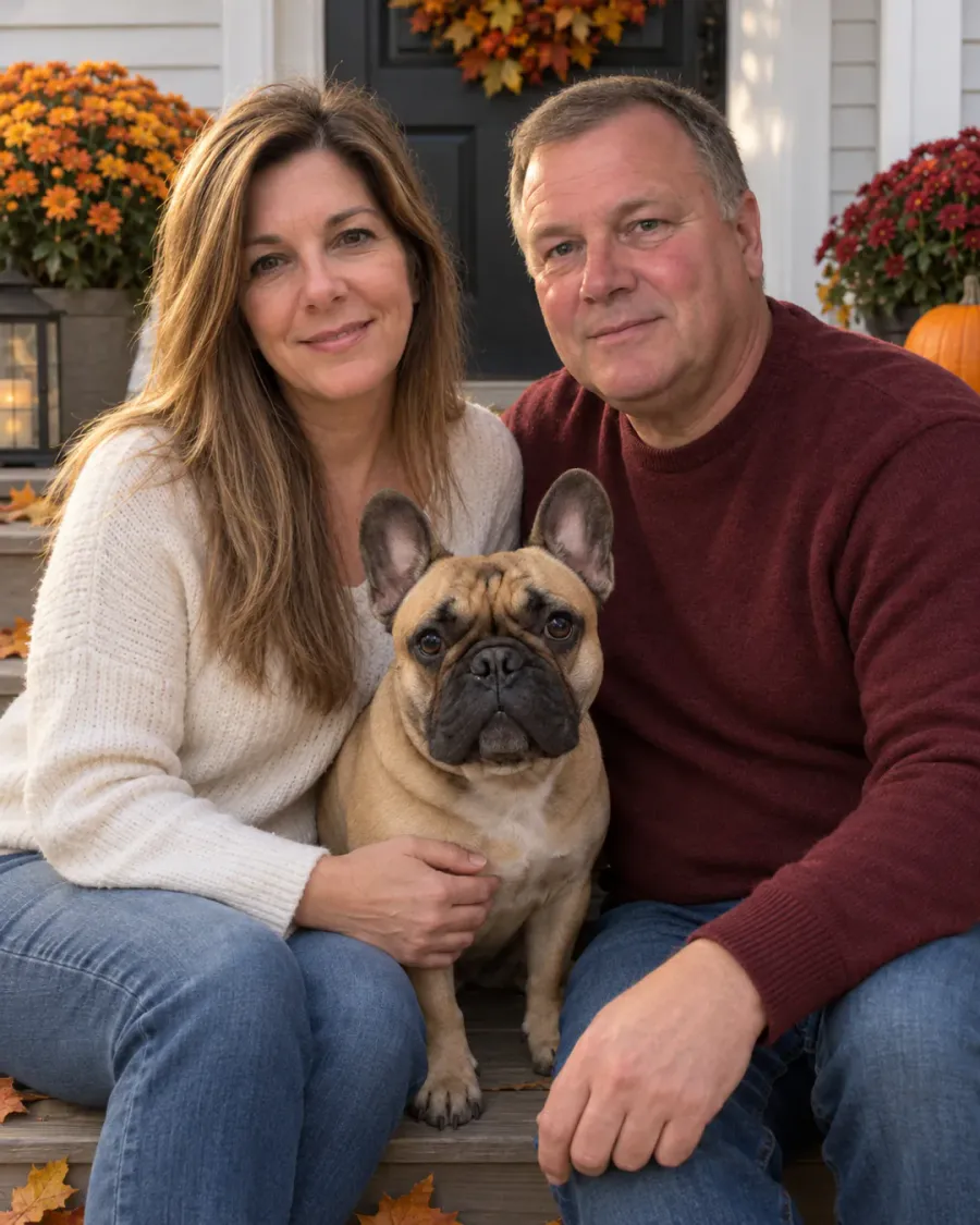 Front Porch: dog and owner portrait of a couple with their French bulldog