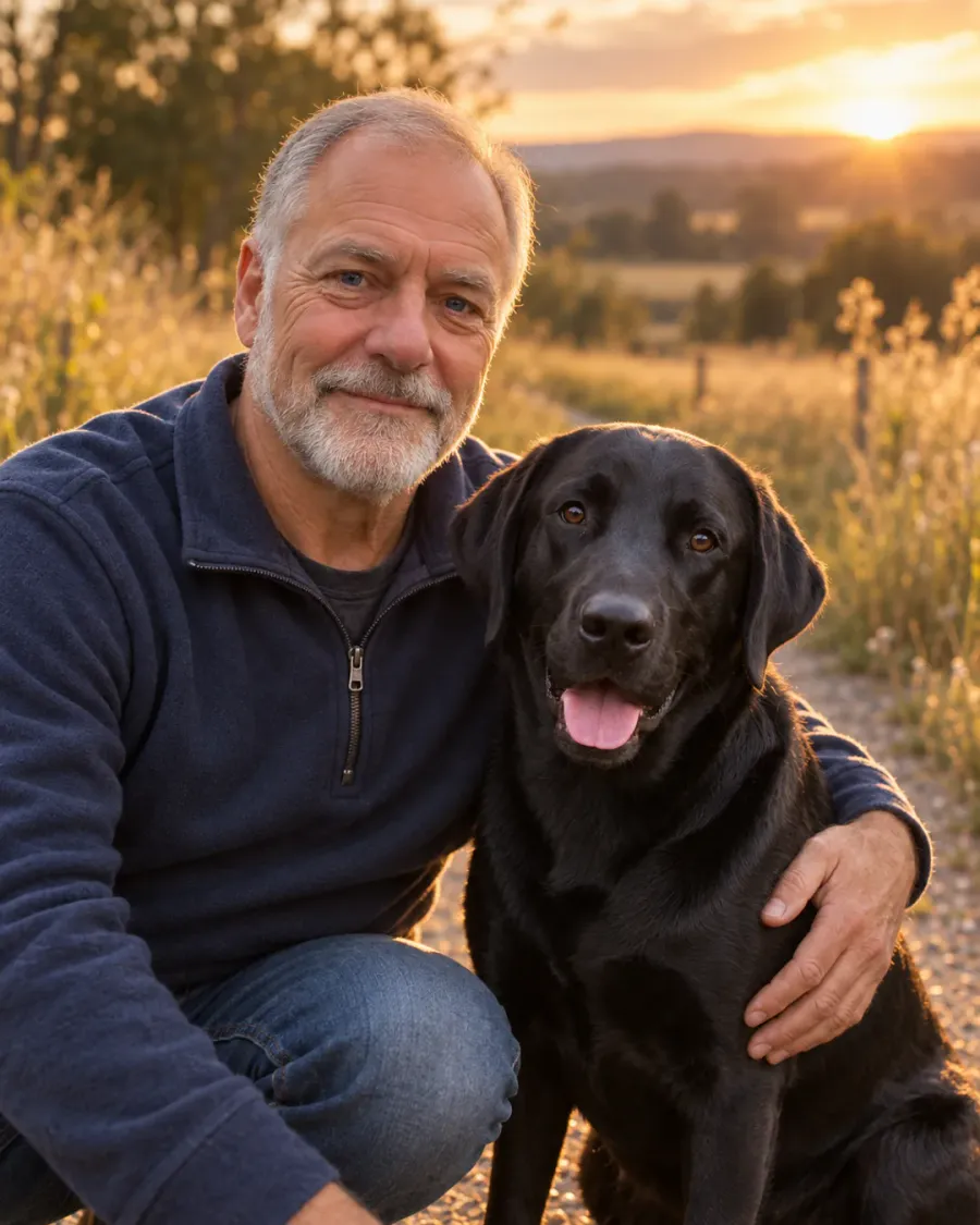 Golden Hour Walk: dog and owner portrait of a man in his 60s with his black Lab