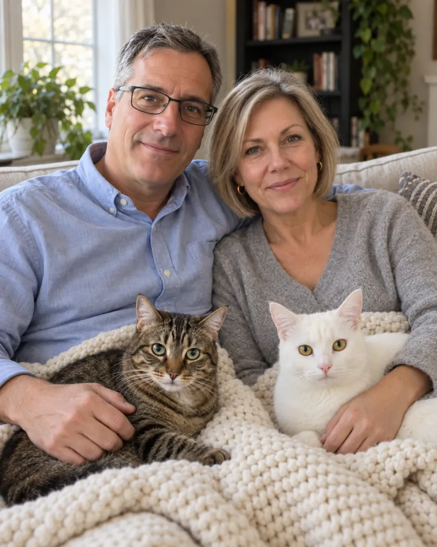 Sunday Sofa: cat and owner portrait of a couple in their 50s with their two cats
