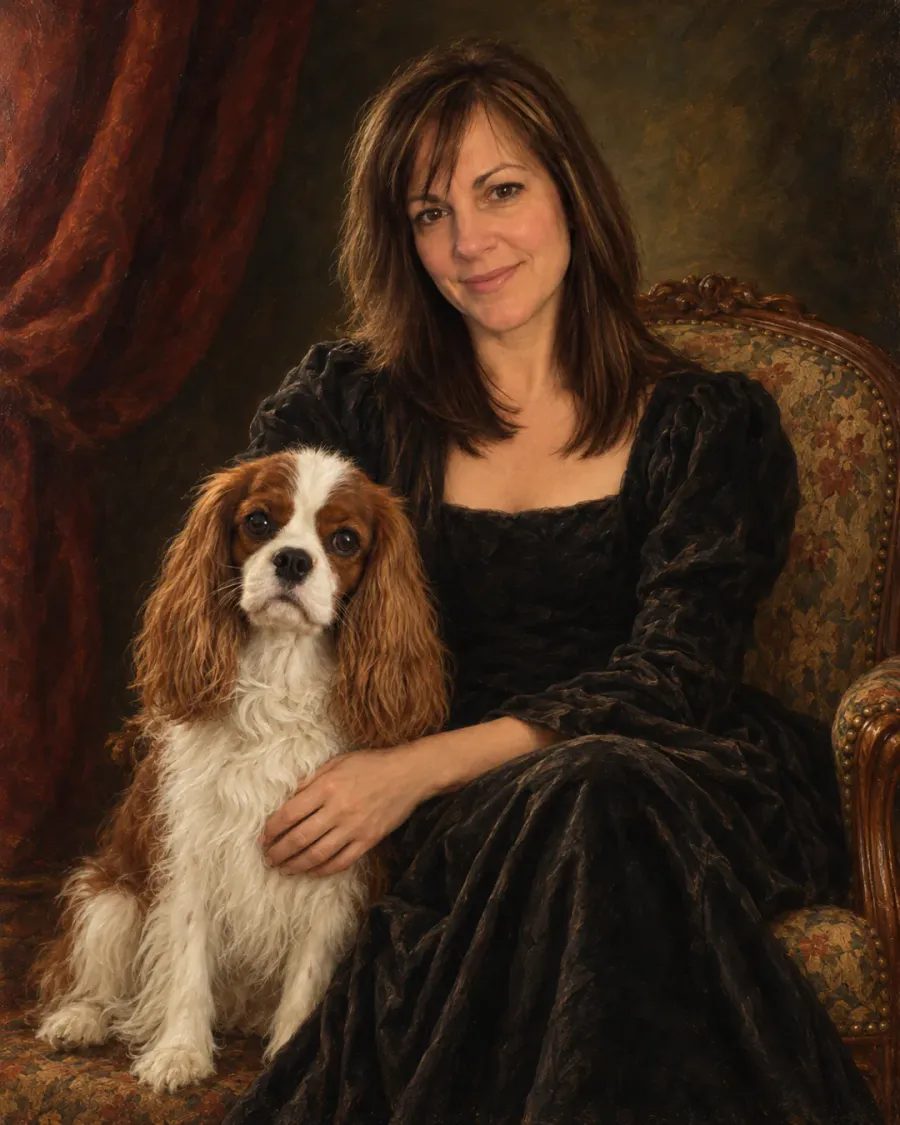 The Classic: dog and owner portrait of a woman with her Cavalier King Charles spaniel