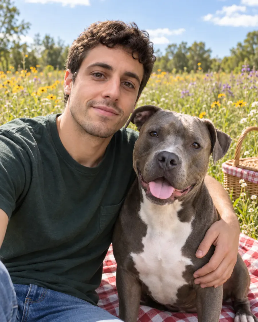 Wildflower Picnic: dog and owner portrait of a young man with his pit bull