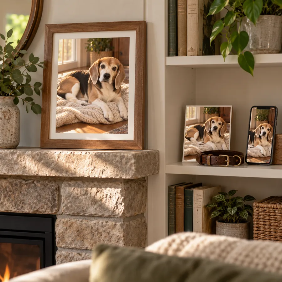 One beagle memorial portrait three ways: framed on the mantel, a small print beside his collar, and a phone lock screen