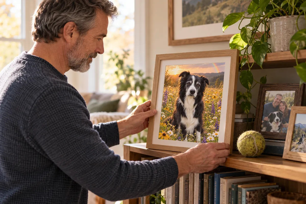 A man placing a framed memorial portrait of his border collie on a bookshelf beside family photos