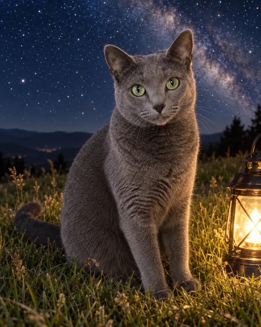 Among the Stars pet memorial portrait of a gray cat beneath a starry sky