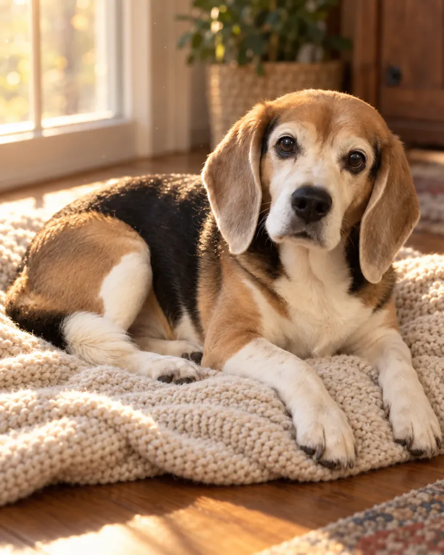 Forever Golden pet memorial portrait of a senior beagle resting in warm afternoon light