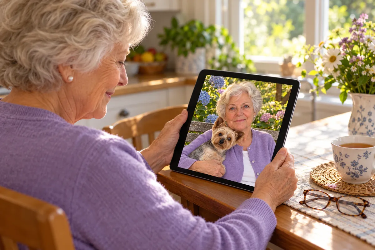 A woman in her 70s smiling at a memorial portrait of herself and her Yorkshire terrier on a tablet at the kitchen table