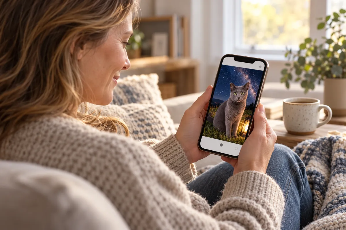 A woman on her sofa opening a portrait gift of her gray cat on her phone